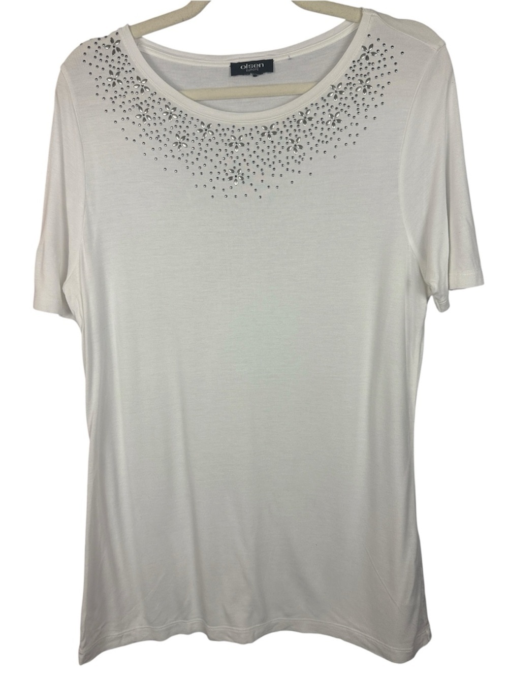 Olsen Europe White Studded Floral Neck Short Sleeve Top Size M L 12 100% Viscose